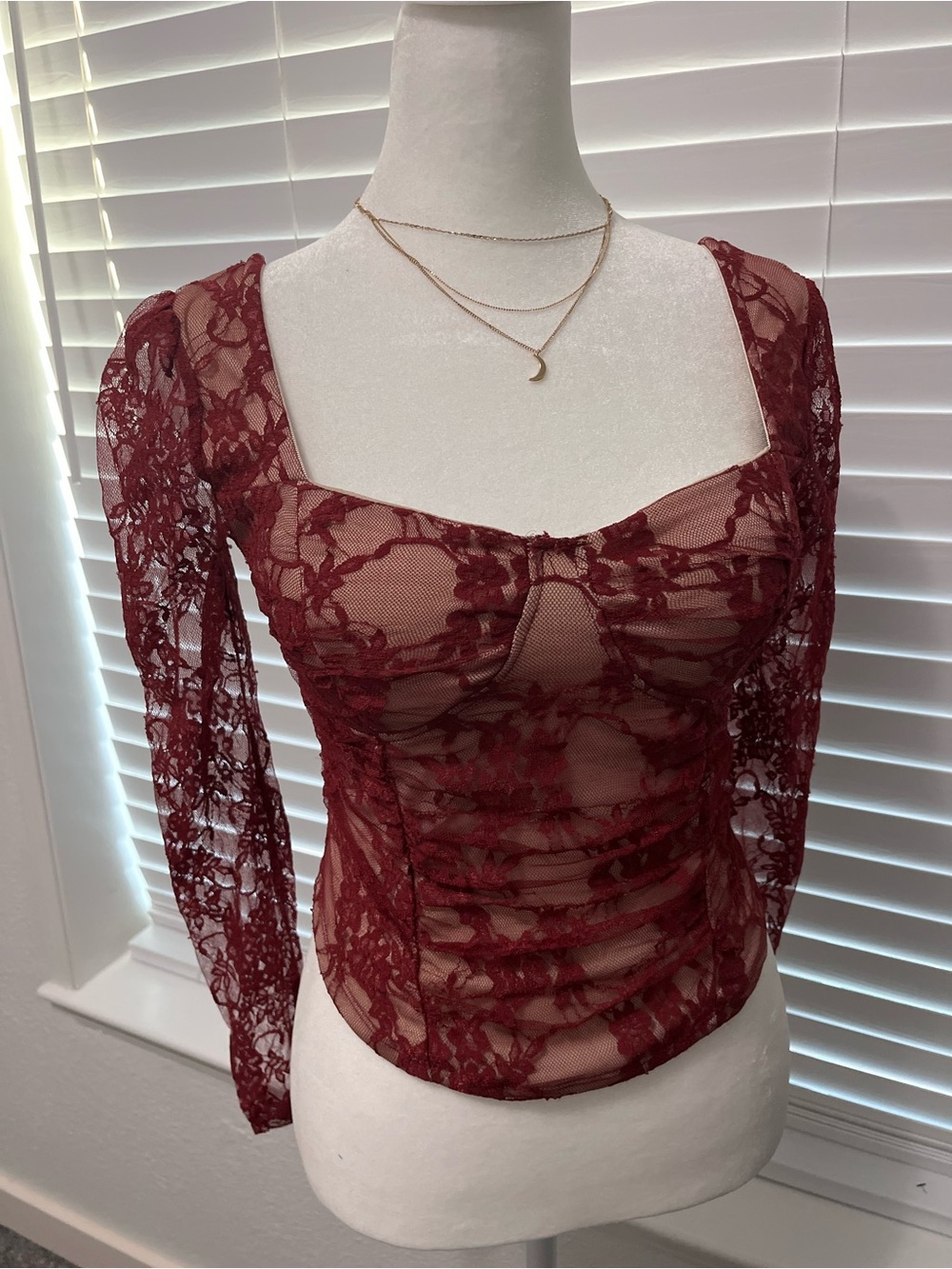 Madden Girl Burgundy Lace Long-Sleeve Bustier Top